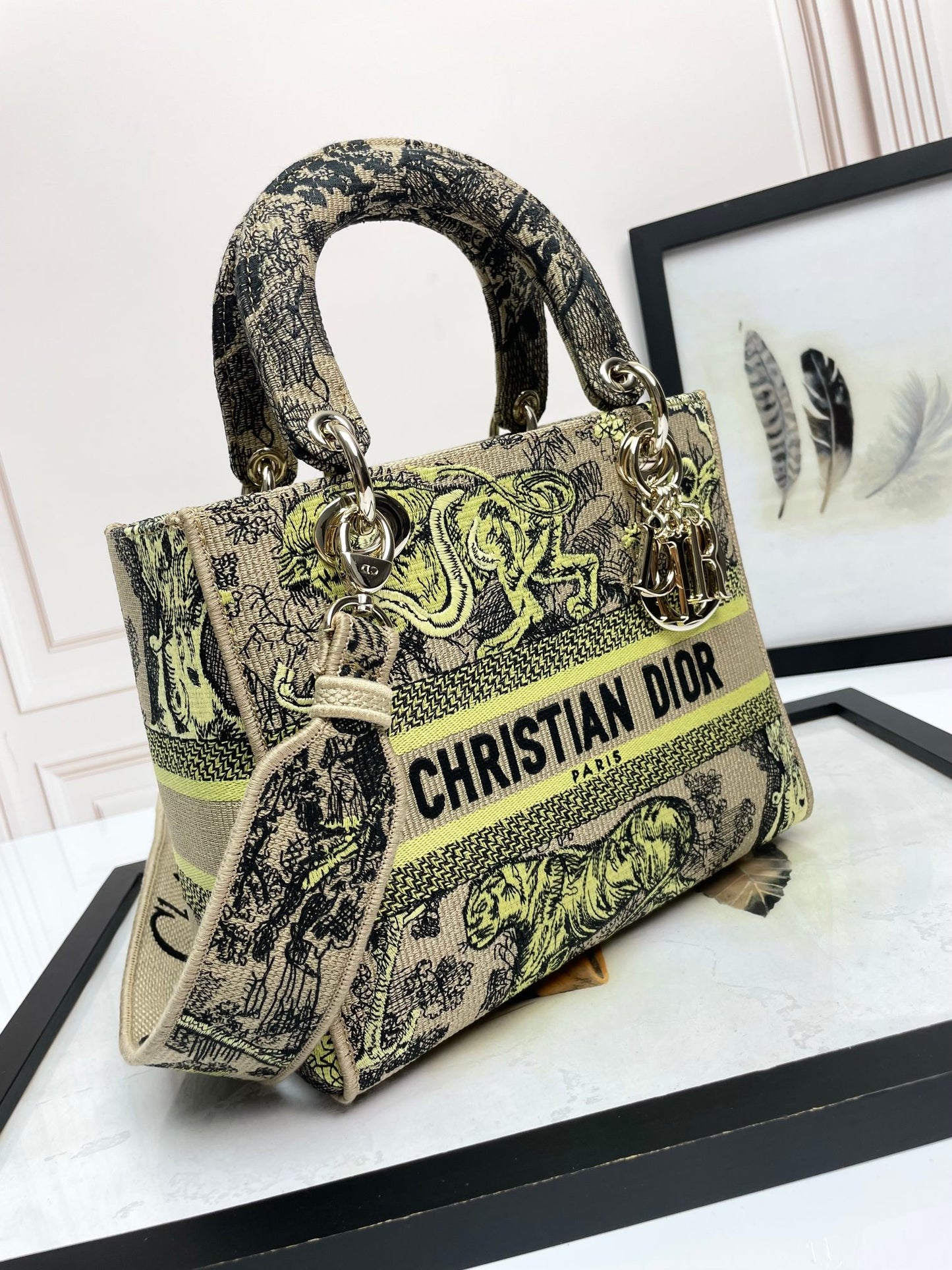 Dior Embroidered Jungle Animal Canvas Satchel Bag with Top Handle