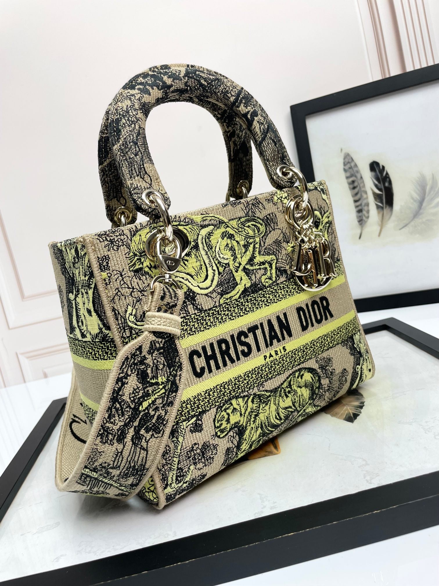 Dior Embroidered Jungle Animal Canvas Satchel Bag with Top Handle