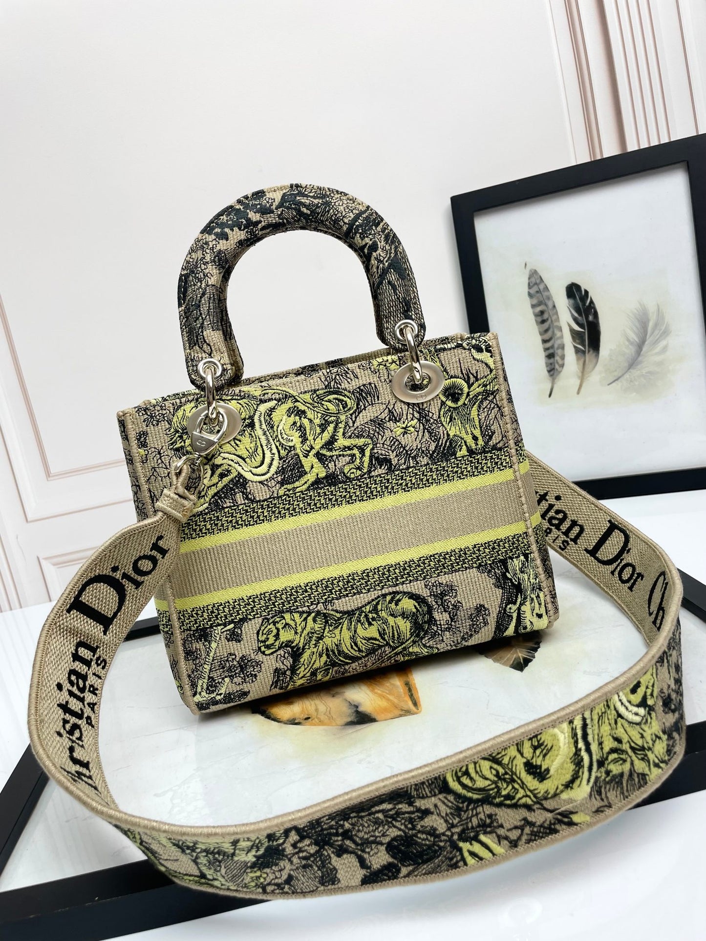 Dior Embroidered Jungle Animal Canvas Satchel Bag with Top Handle