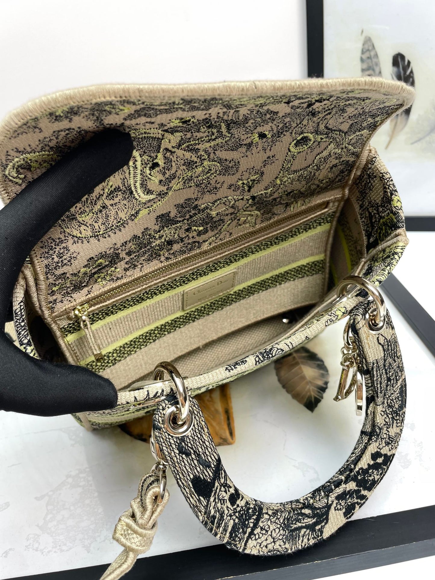 Dior Luxury Embroidered Canvas Top Handle Handbag with Animal Print