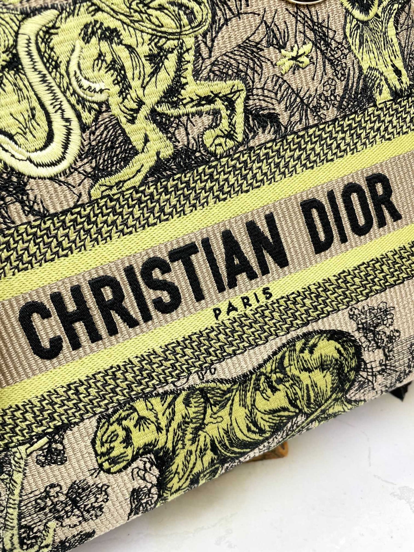 Christian Dior Lady D-Lite Bag - Green & Beige Embroidered Toile de Jouy