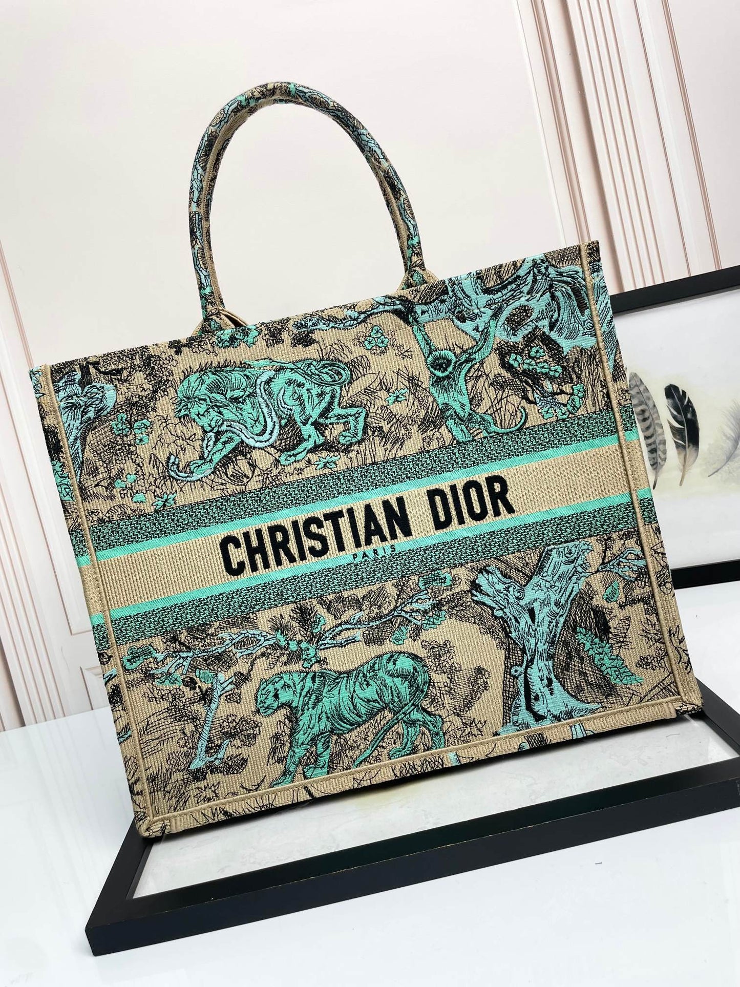 Dior Embroidered Green Animal Print Canvas Tote Bag with Top Handles