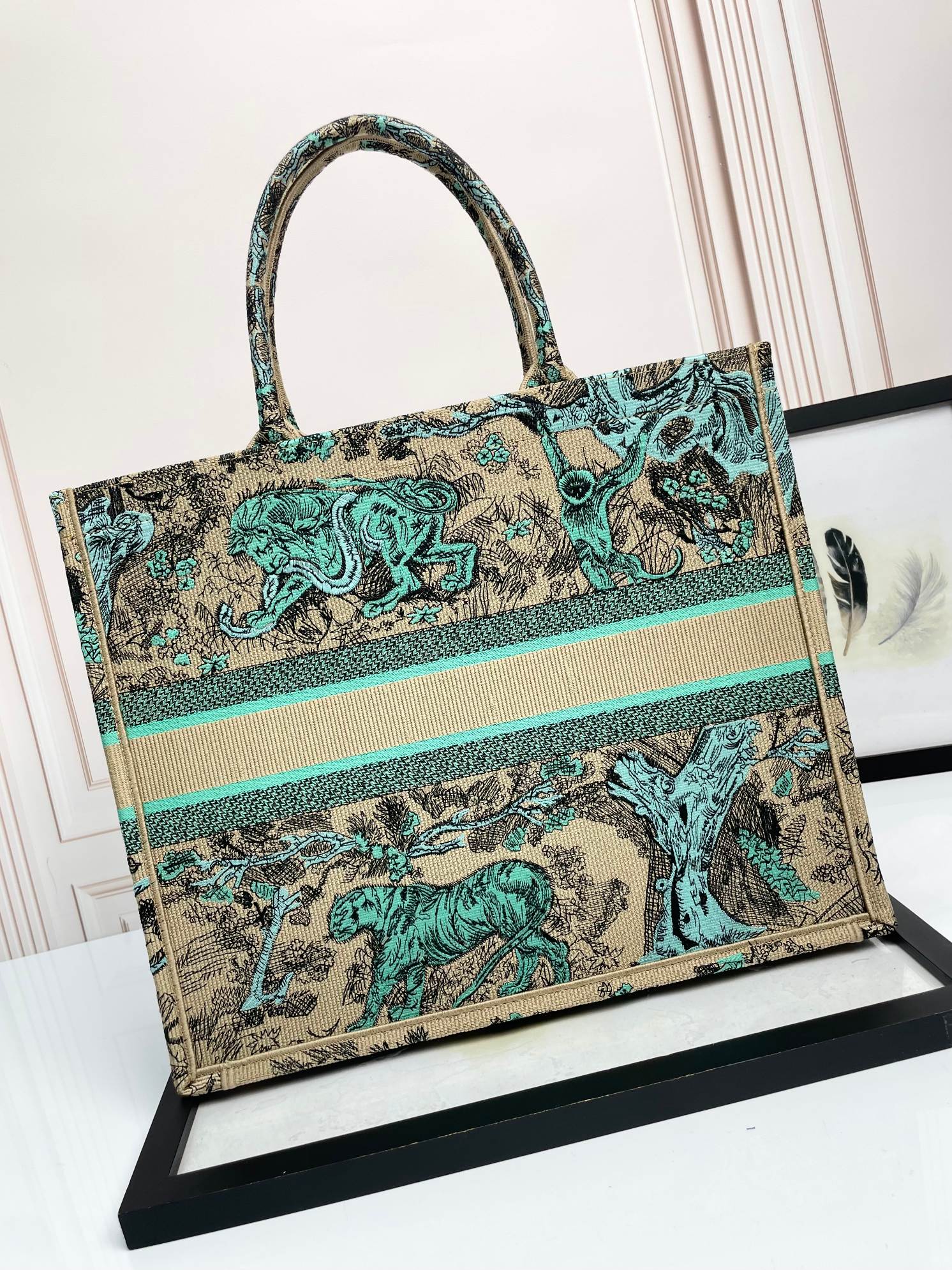 Dior Embroidered Green Animal Print Canvas Tote Bag with Top Handles