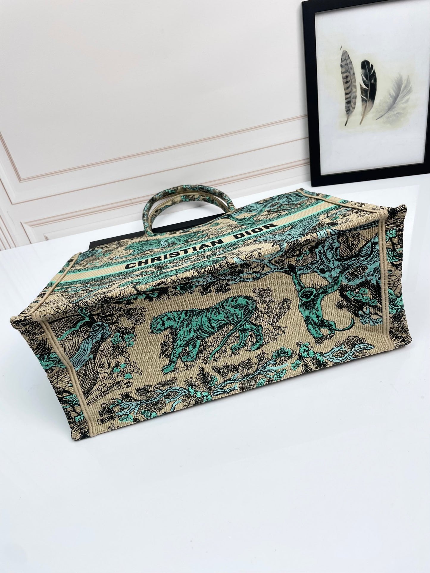 Dior Embroidered Green Animal Print Canvas Tote Bag with Top Handles