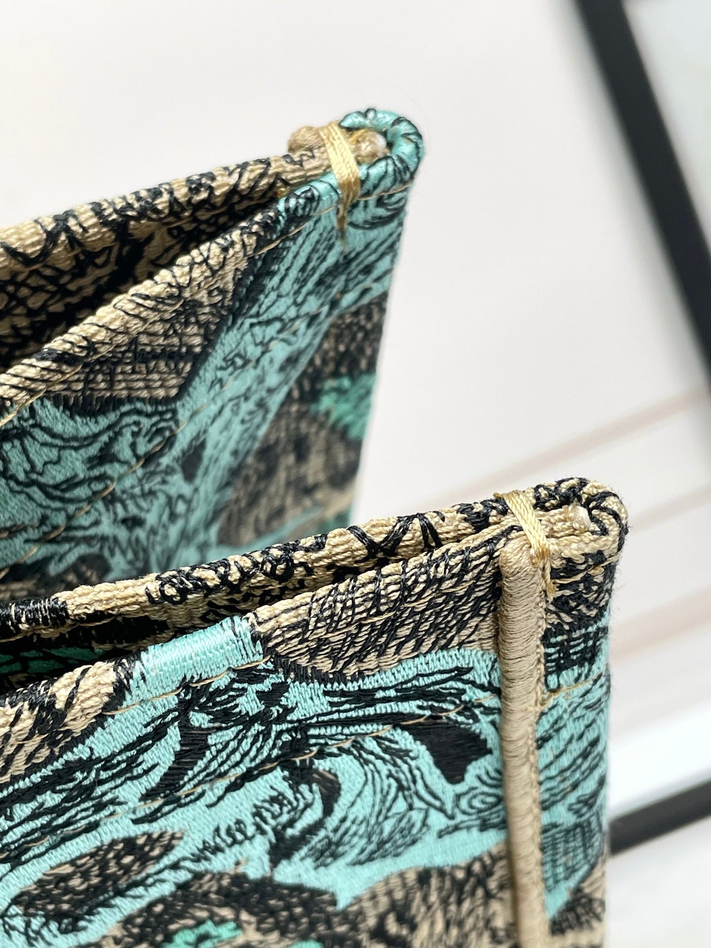 Dior Embroidered Green Animal Print Canvas Tote Bag with Top Handles
