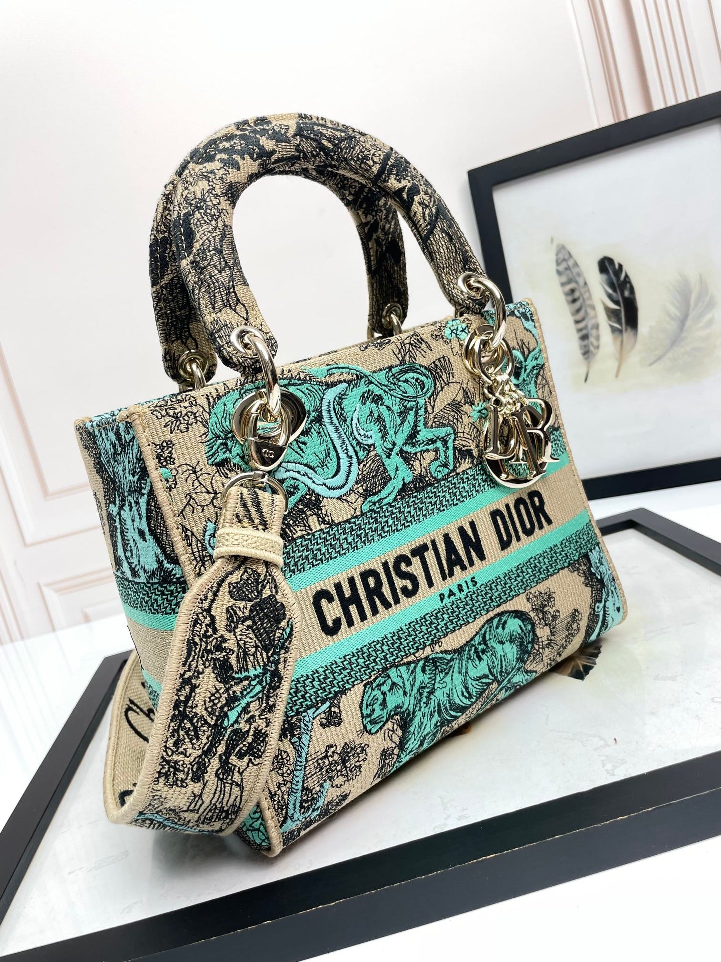 Dior Green Tiger Animal Print Embroidered Canvas Top Handle Handbag