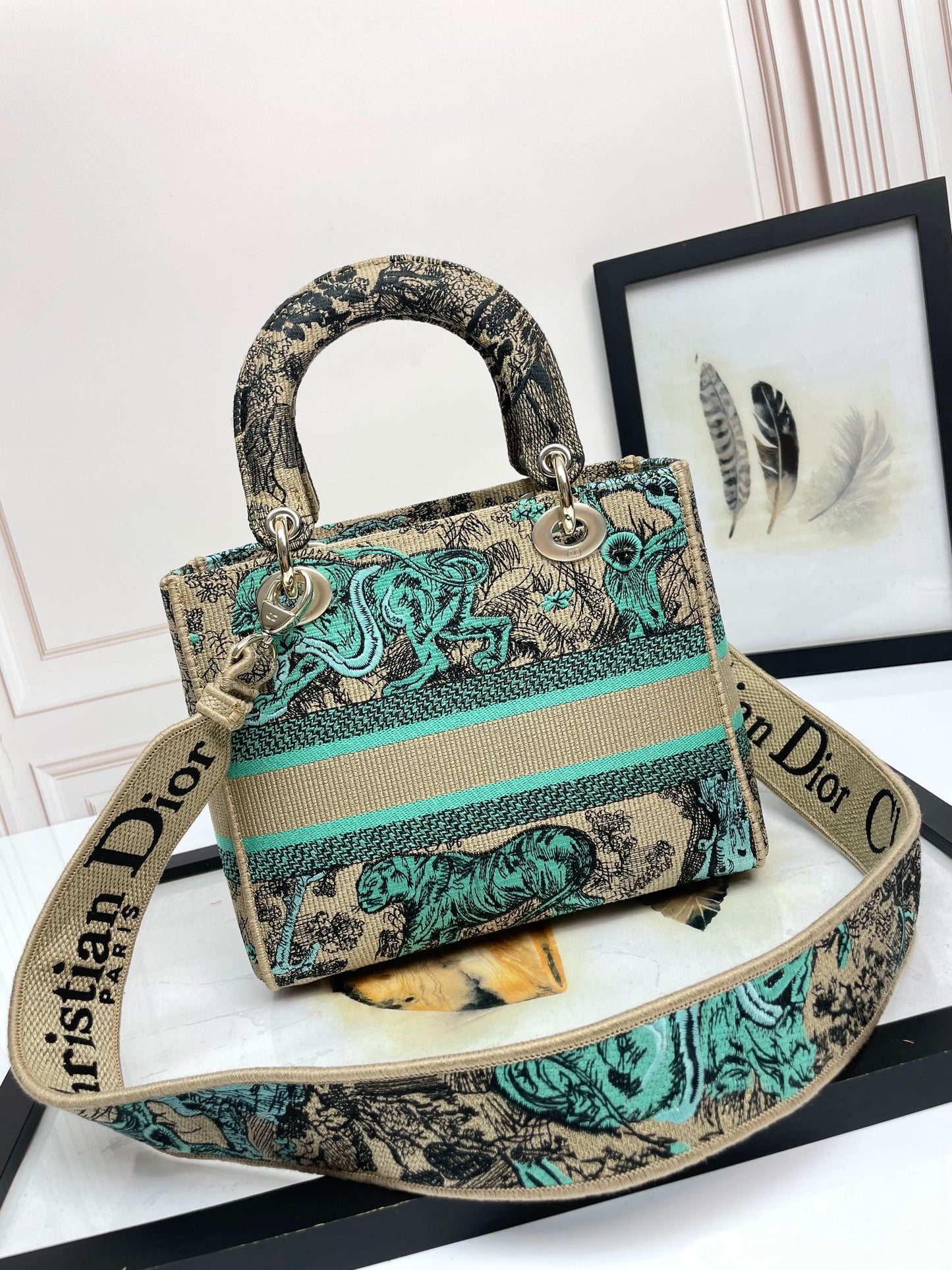 Dior Green Tiger Animal Print Embroidered Canvas Top Handle Handbag