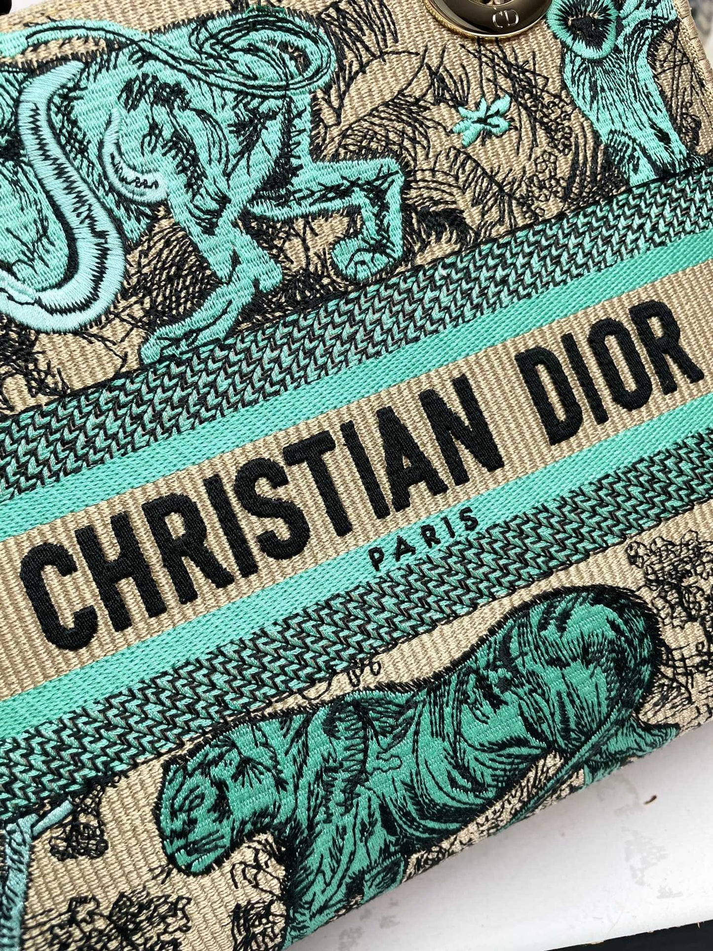 Dior Green Tiger Animal Print Embroidered Canvas Top Handle Handbag