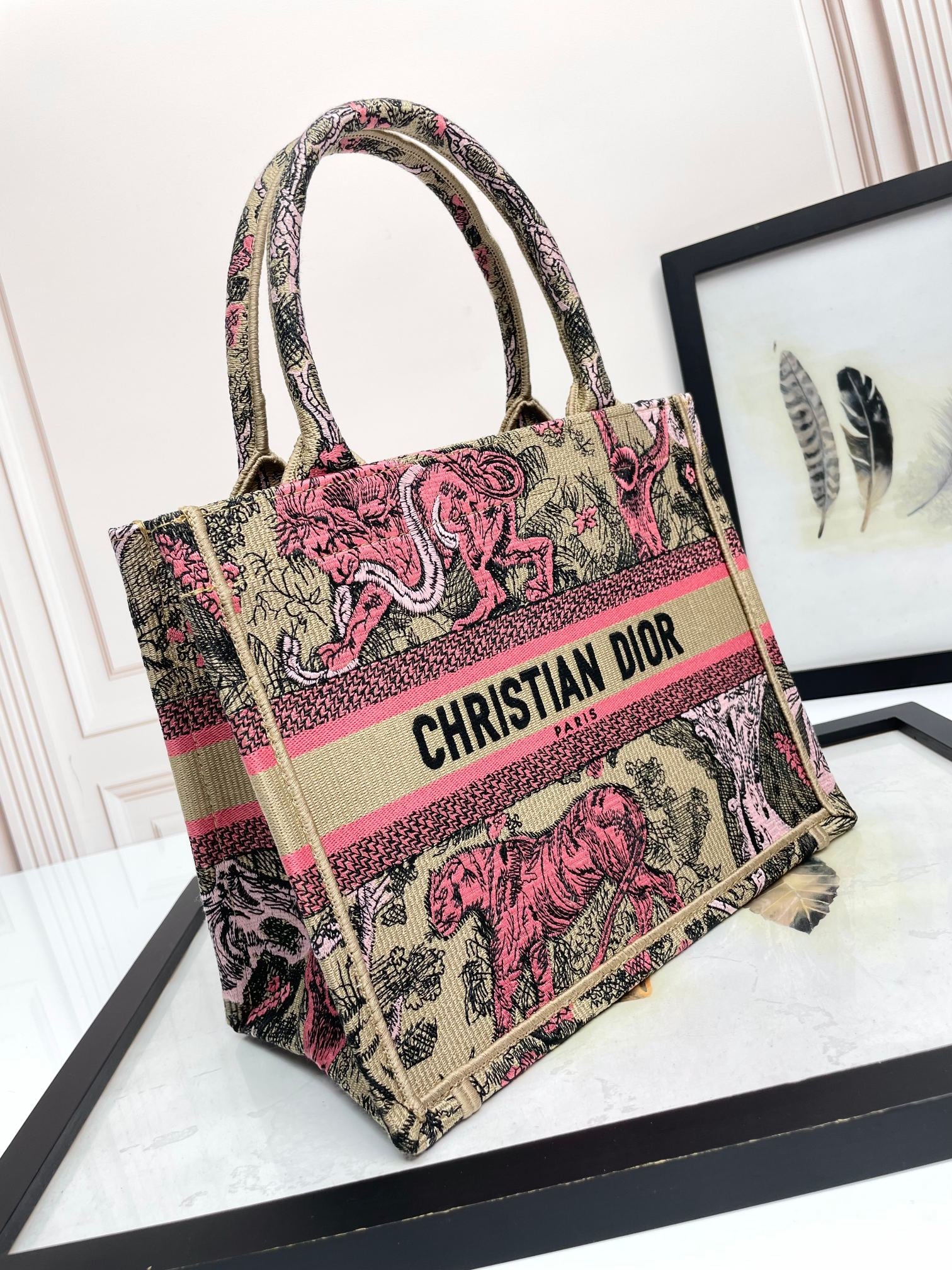 Dior Vintage Pink Tiger Embroidered Canvas Tote Bag with Handles