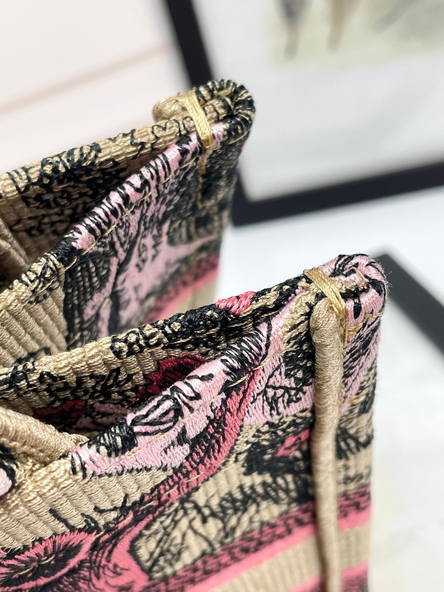 Christian Dior Medium Book Tote Toile de Jouy Tiger Embroidery Beige and Pink Canvas Handbag