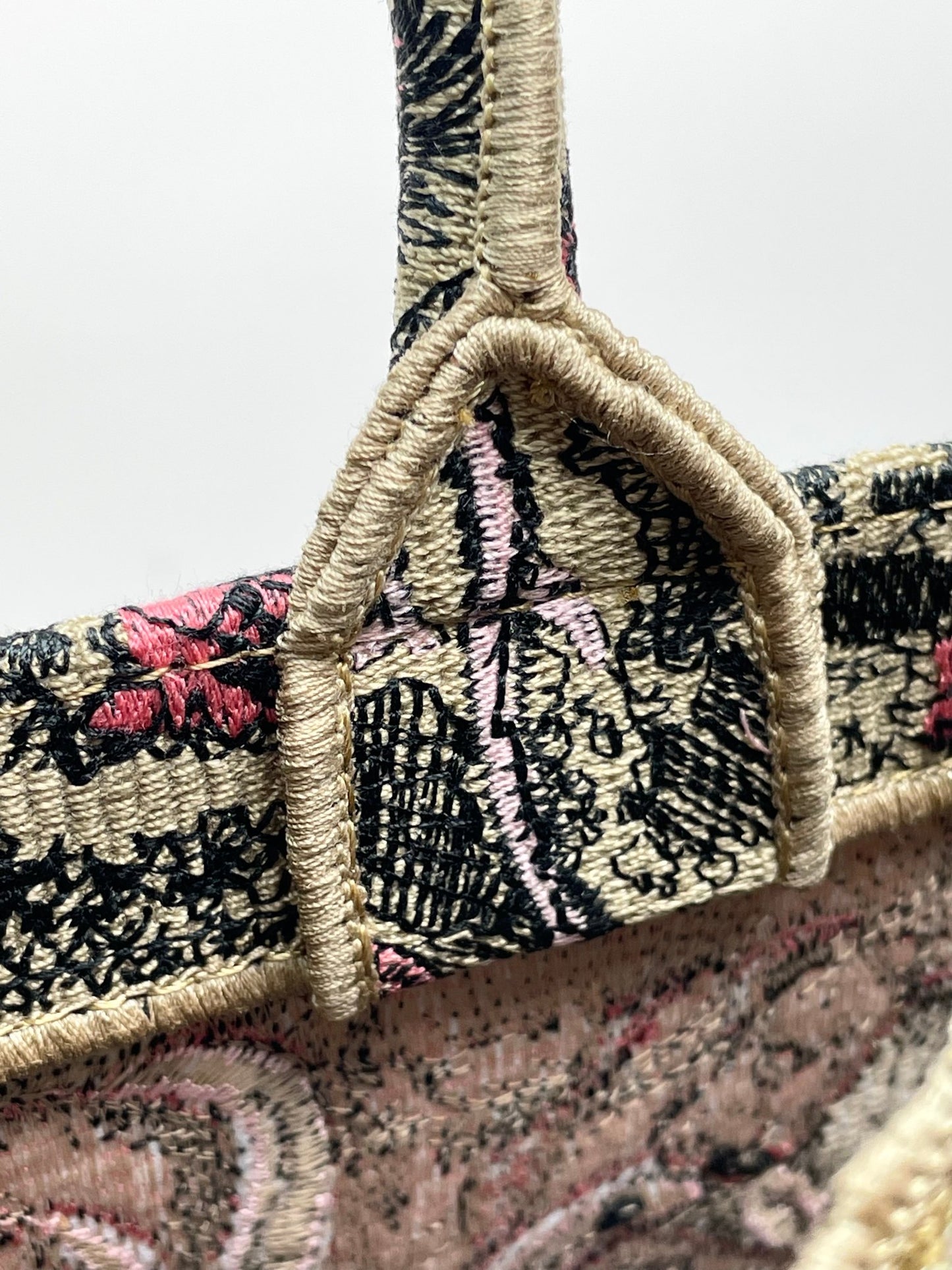 Christian Dior Medium Book Tote Toile de Jouy Tiger Embroidery Beige and Pink Canvas Handbag