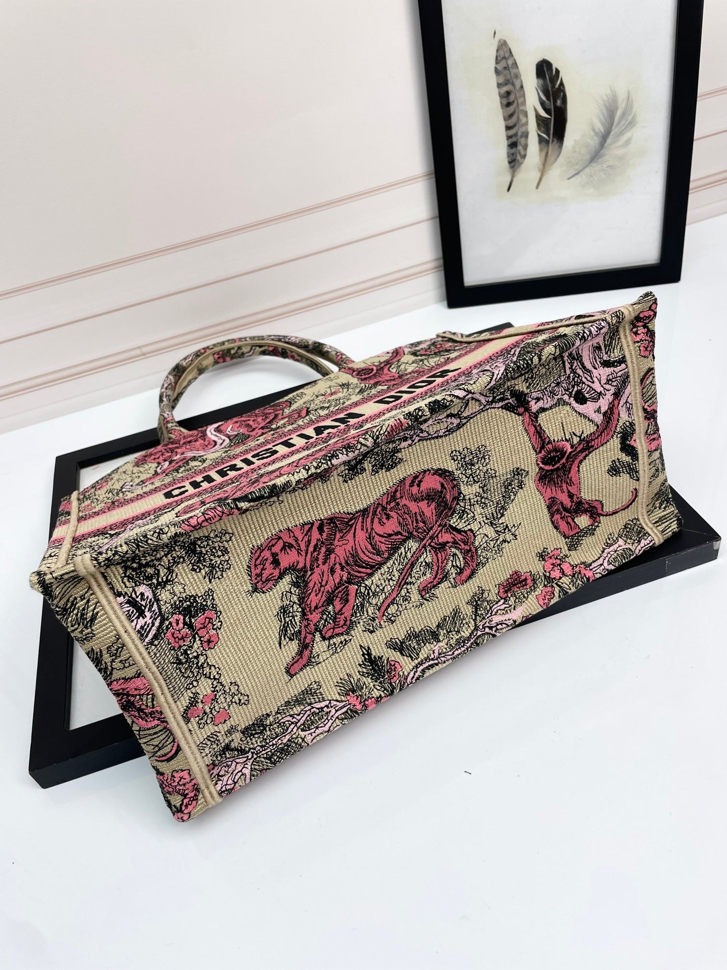 Dior Vintage Tiger Print Canvas Tote Bag Pink and Beige Handbag