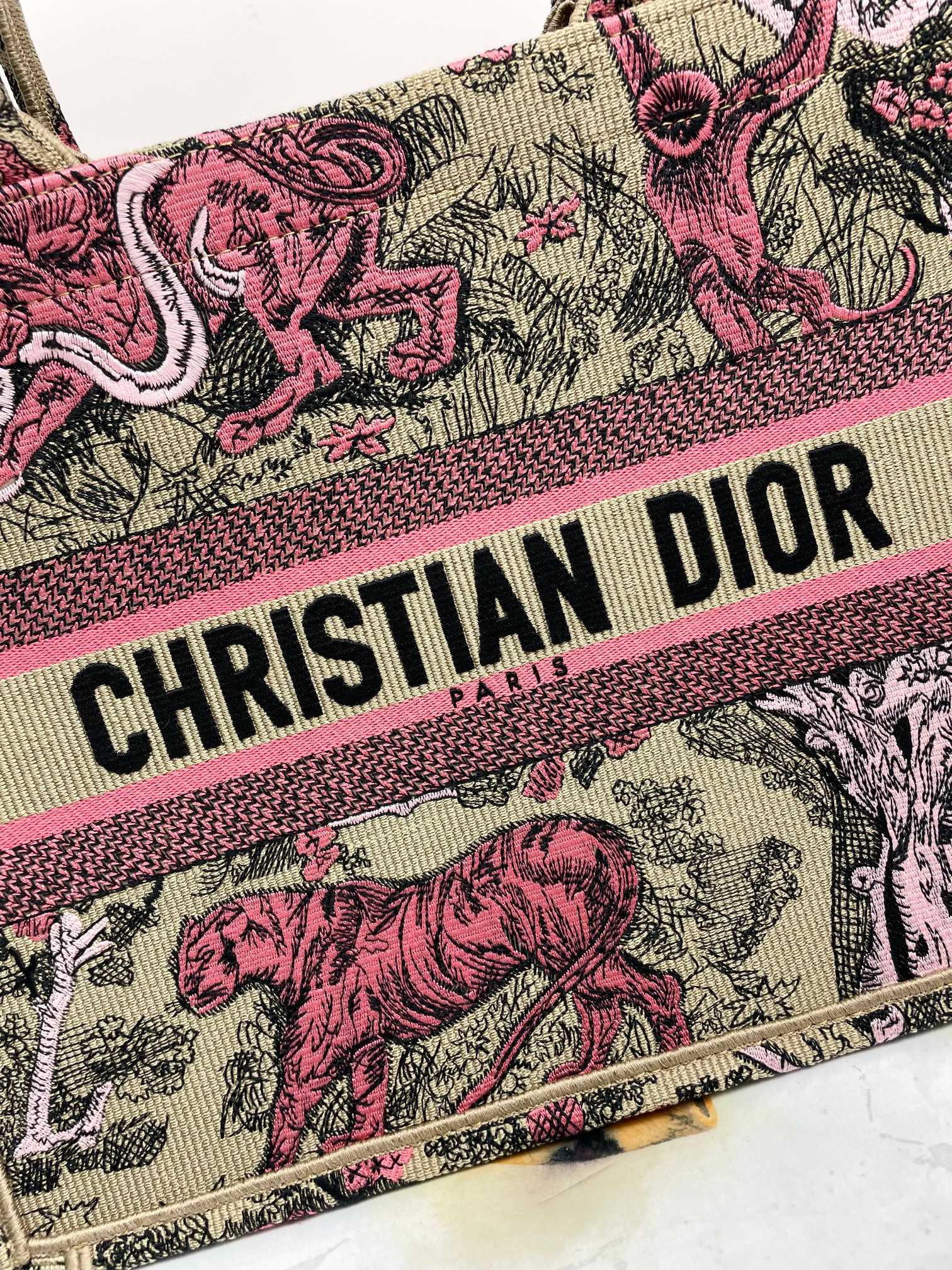 Dior Vintage Tiger Print Canvas Tote Bag Pink and Beige Handbag