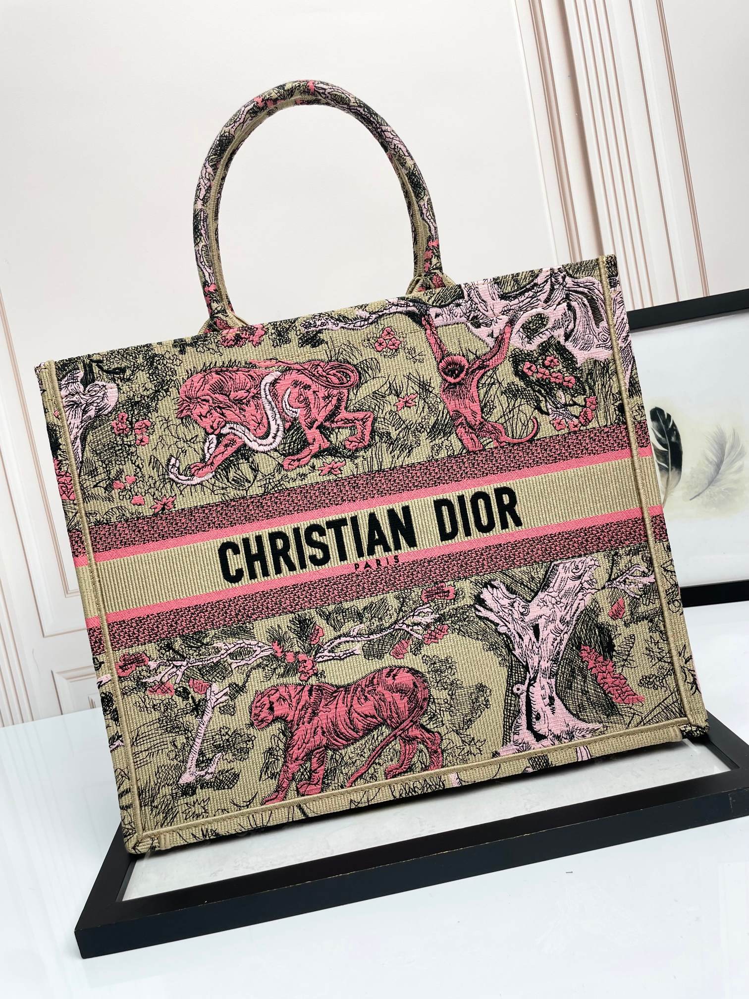 Dior Vintage Embroidered Jungle Animal Canvas Tote Bag with Top Handles