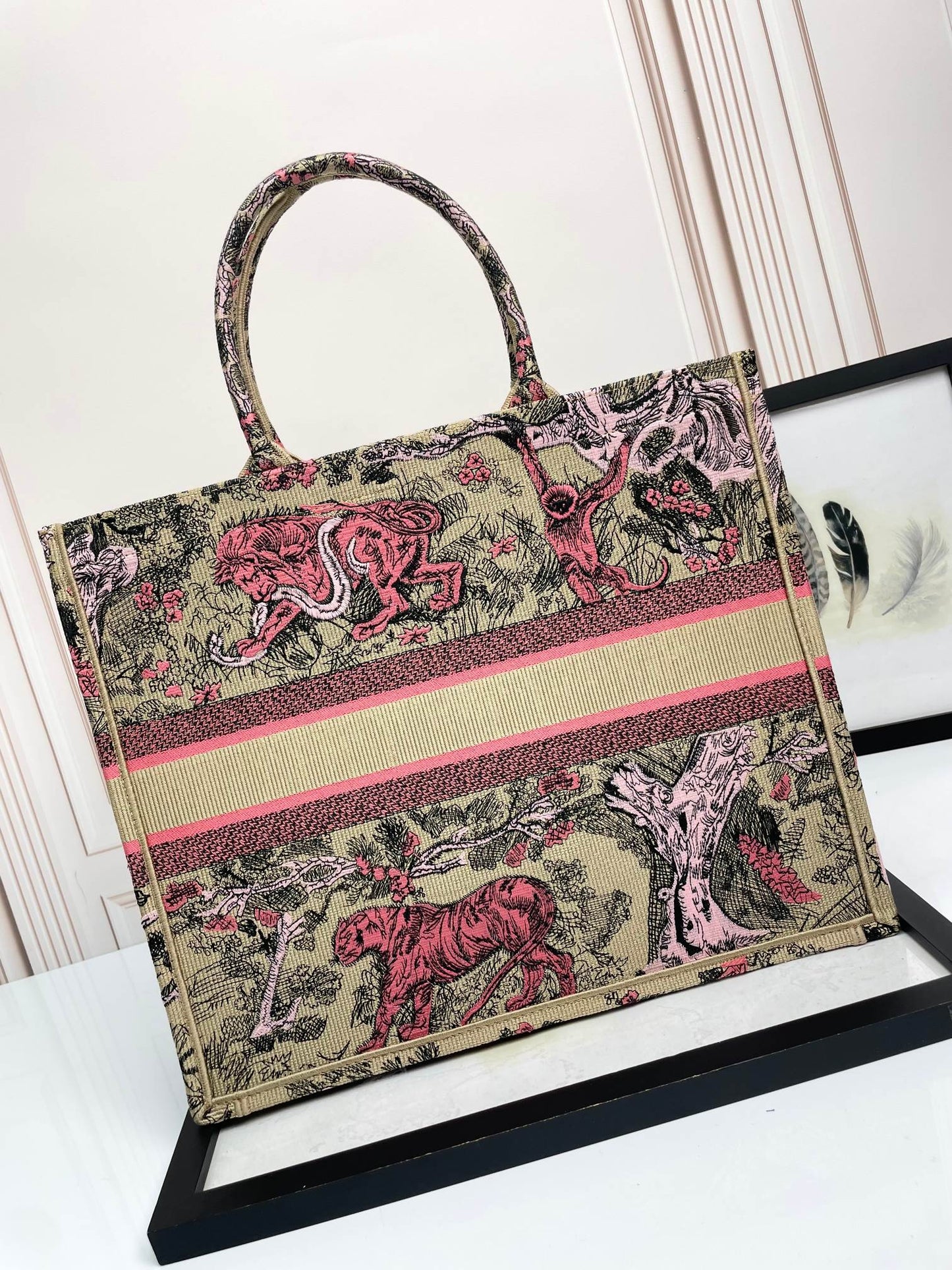 Dior Vintage Embroidered Jungle Animal Canvas Tote Bag with Top Handles