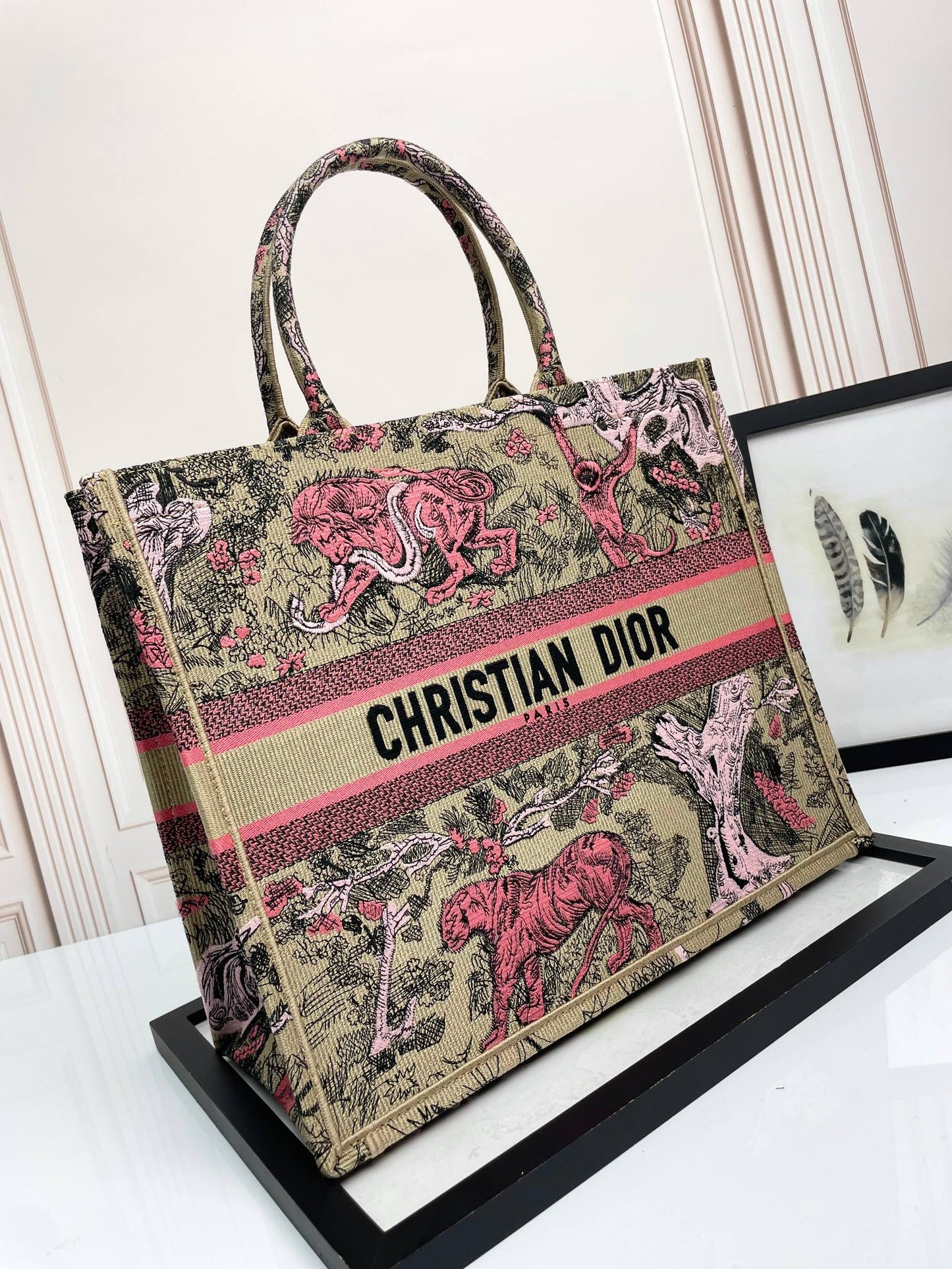Dior Vintage Embroidered Jungle Animal Canvas Tote Bag with Top Handles