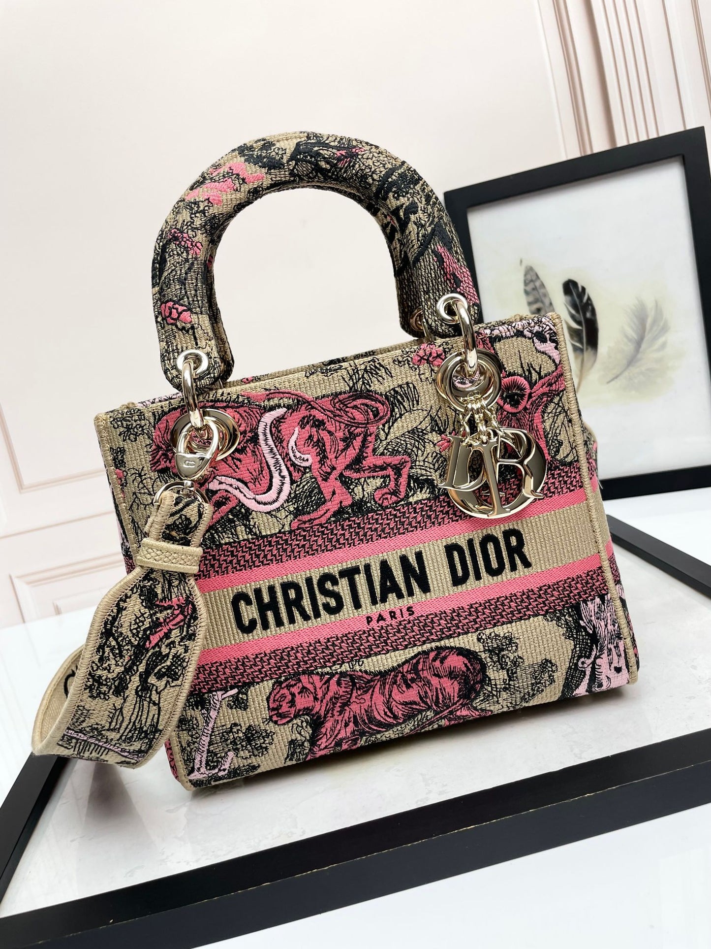 Dior Vintage Pink Embroidered Canvas Top Handle Shoulder Bag