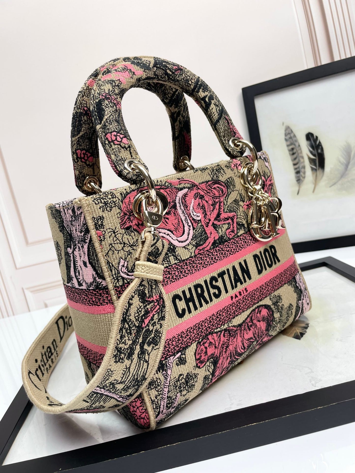 Dior Vintage Pink Embroidered Canvas Top Handle Shoulder Bag