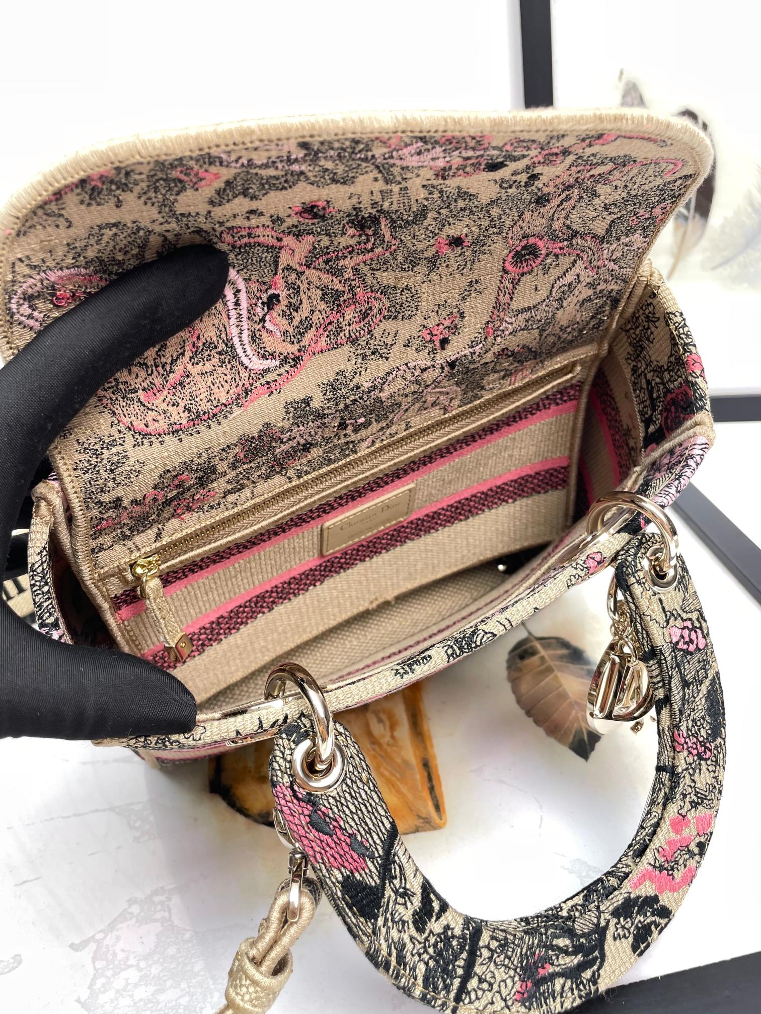 Dior Vintage Pink Embroidered Canvas Top Handle Shoulder Bag