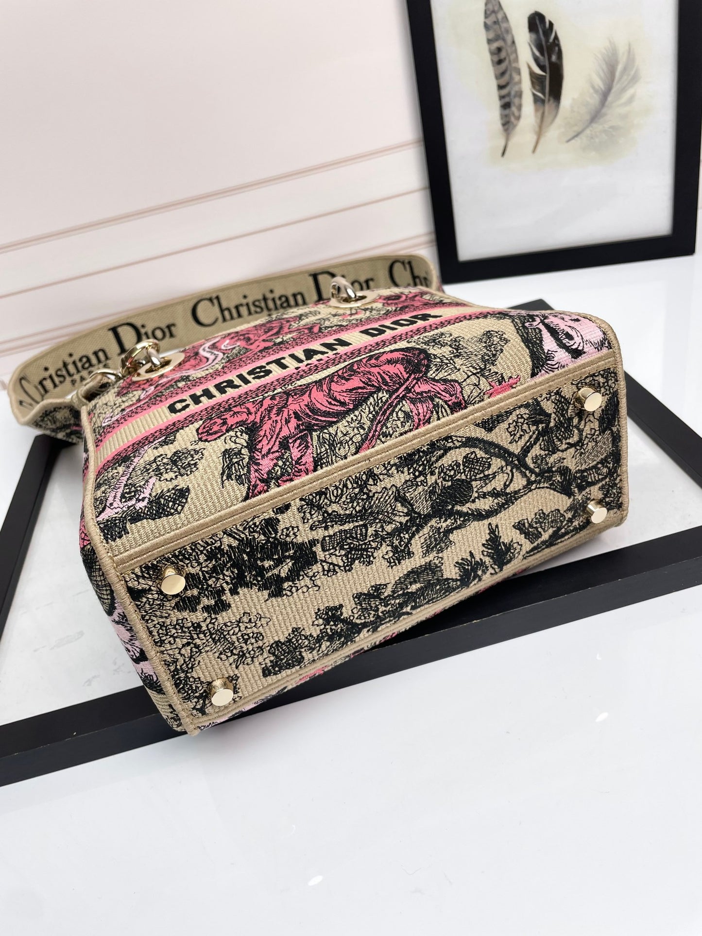 Dior Vintage Pink Embroidered Canvas Top Handle Shoulder Bag