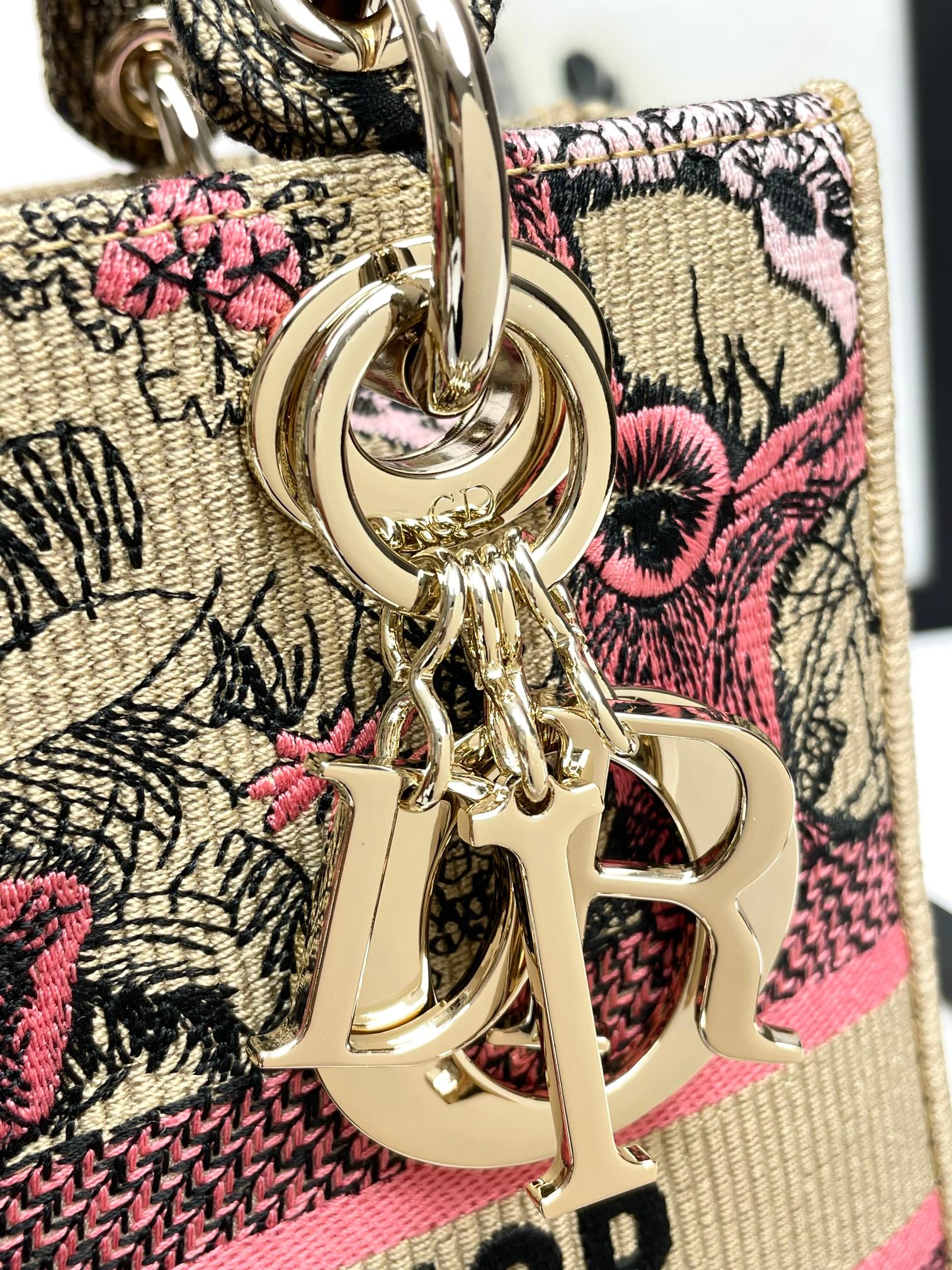 Dior Vintage Pink Embroidered Canvas Top Handle Shoulder Bag