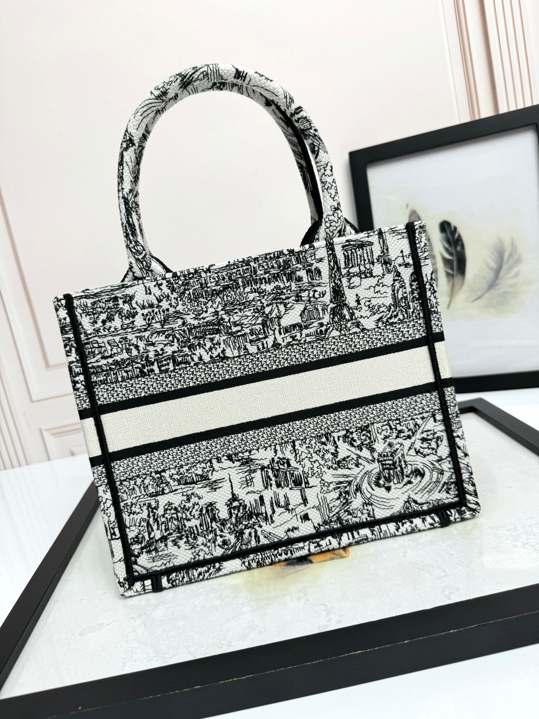 Dior Elegant Black and White Toile Embroidery Canvas Tote Handbag