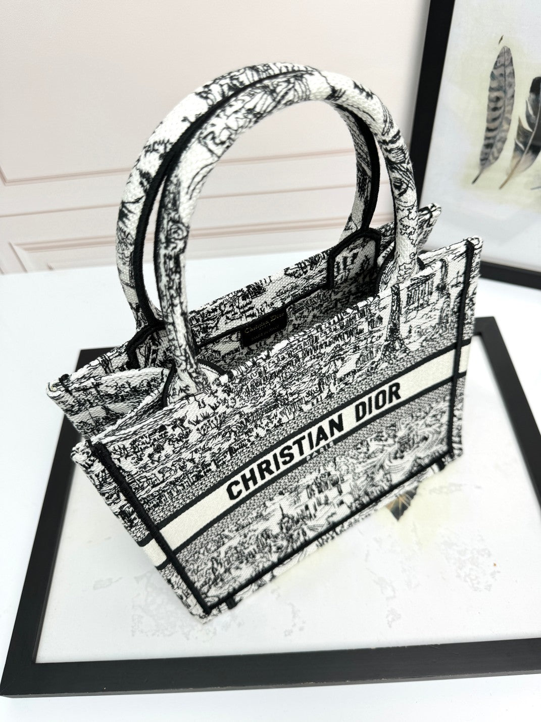 Dior Elegant Black and White Toile Embroidery Canvas Tote Handbag