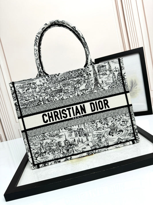 Christian Dior Large Book Tote Black and White Toile de Jouy Embroidery