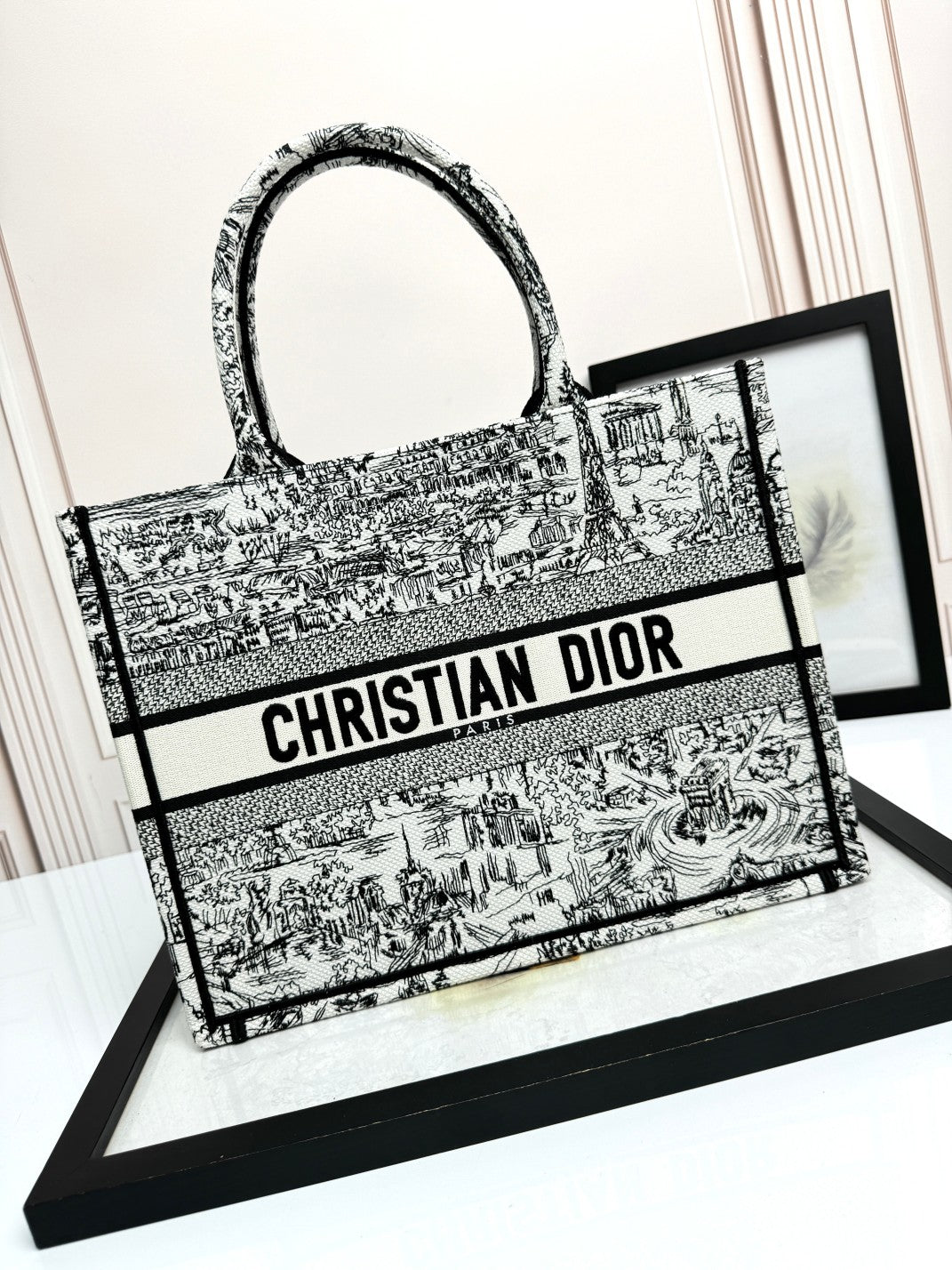 Dior Black and White Toile Print Large Canvas Tote Shoulder Bag