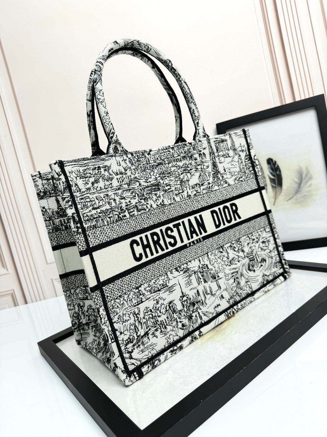 Dior Black and White Toile de Jouy Embroidered Canvas Tote Bag