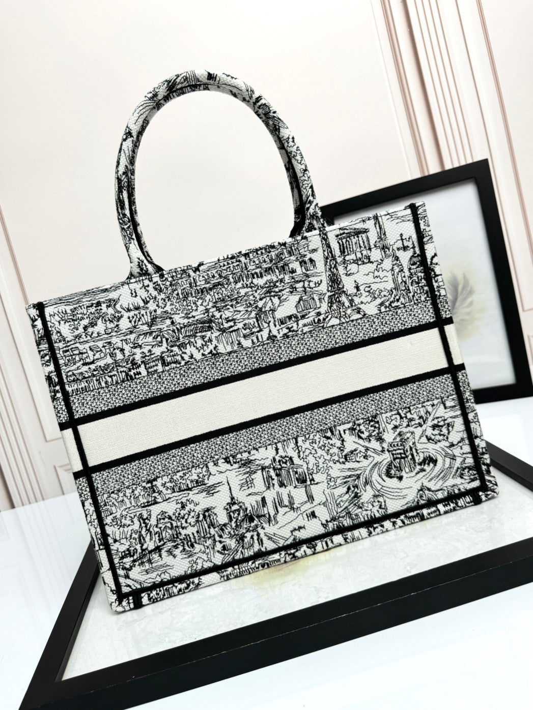 Dior Vintage Black and White Landscape Print Canvas Tote Handbag