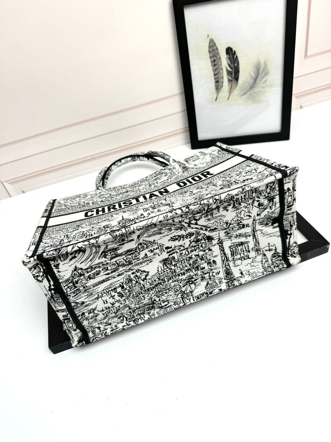 Dior Black and White Toile de Jouy Embroidered Canvas Tote Bag