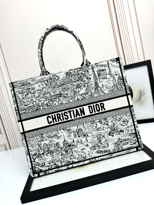 Dior Vintage Black and White Toile Canvas Tote Bag Large Handbag
