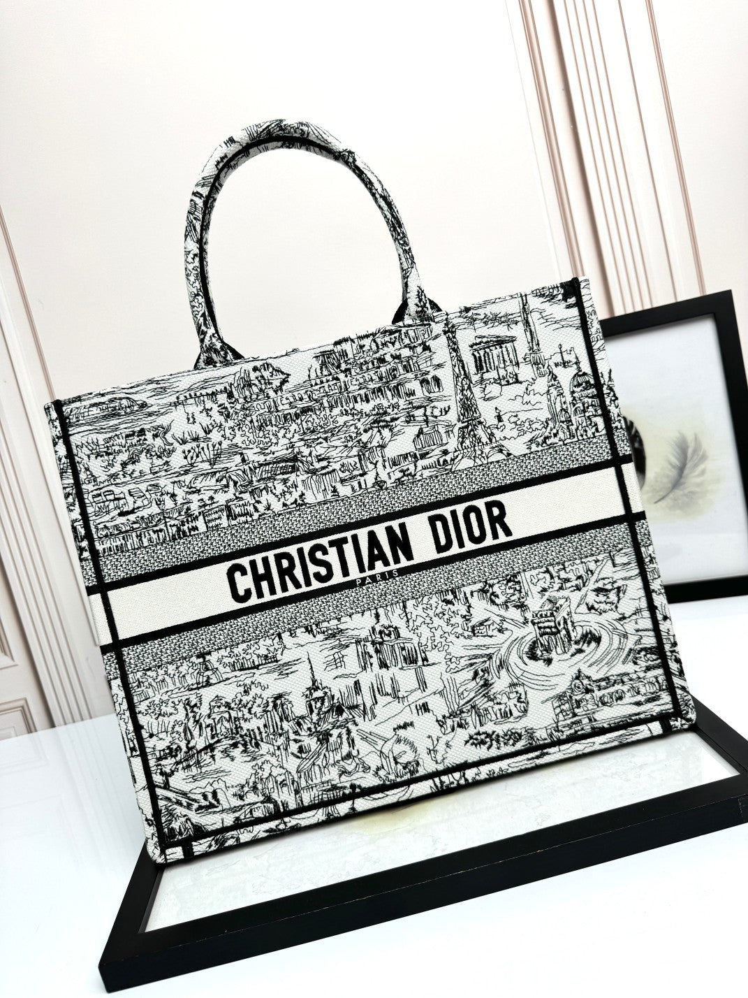 Dior Classic Black and White Architecture Print Canvas Tote Handbag