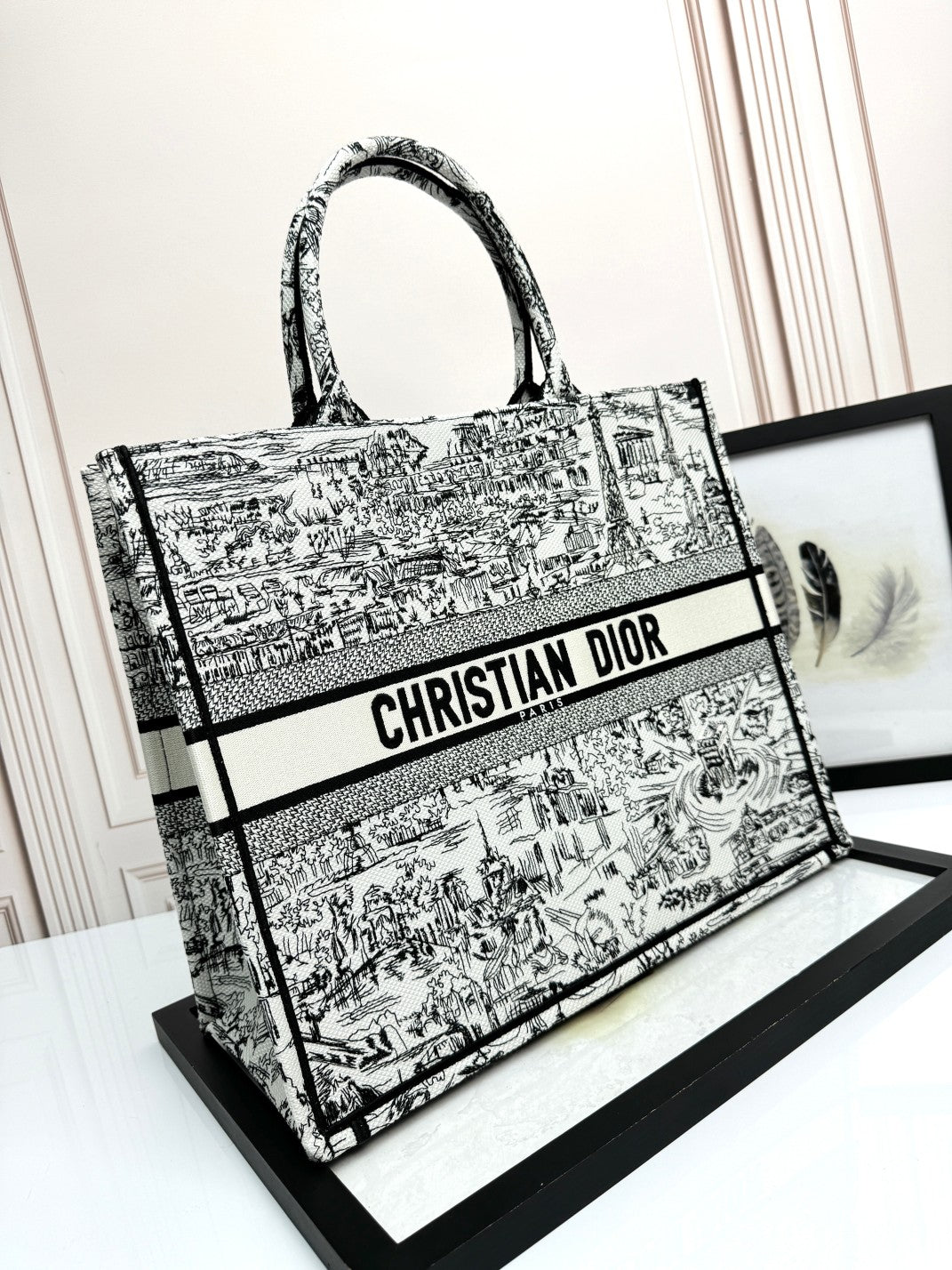 Dior Classic Black and White Architecture Print Canvas Tote Handbag