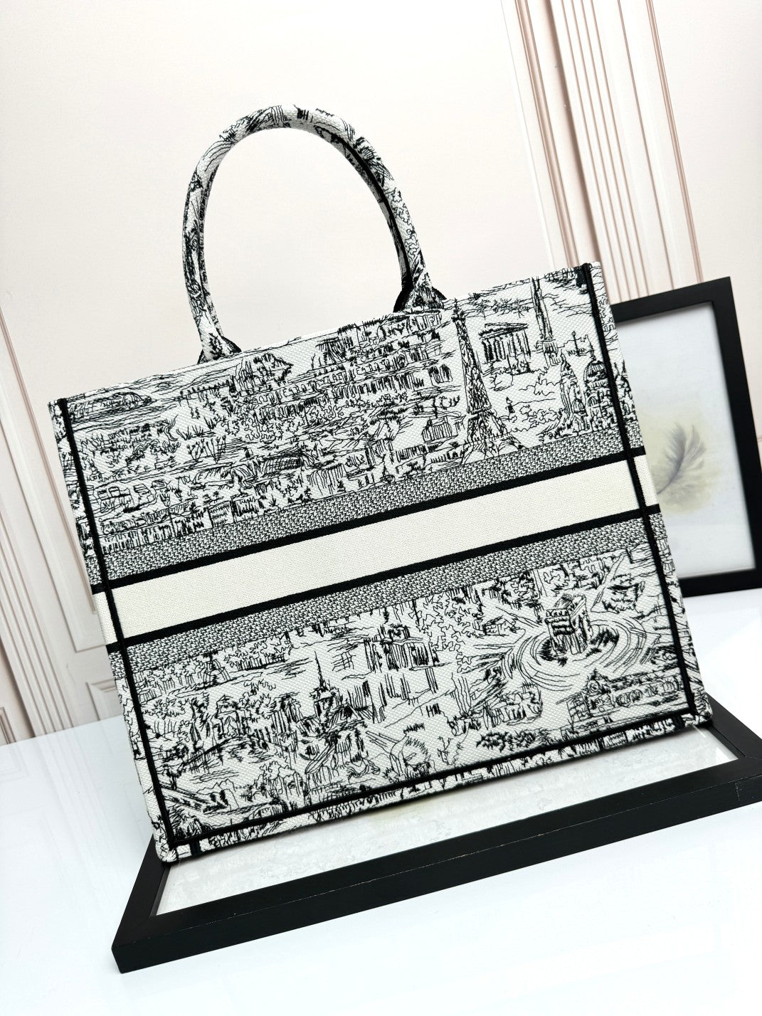 Dior Vintage Black and White Toile Canvas Tote Bag Large Handbag