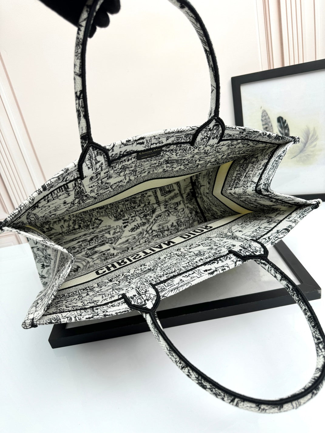 Dior Black and White City Print Canvas Tote Bag with Top Handles