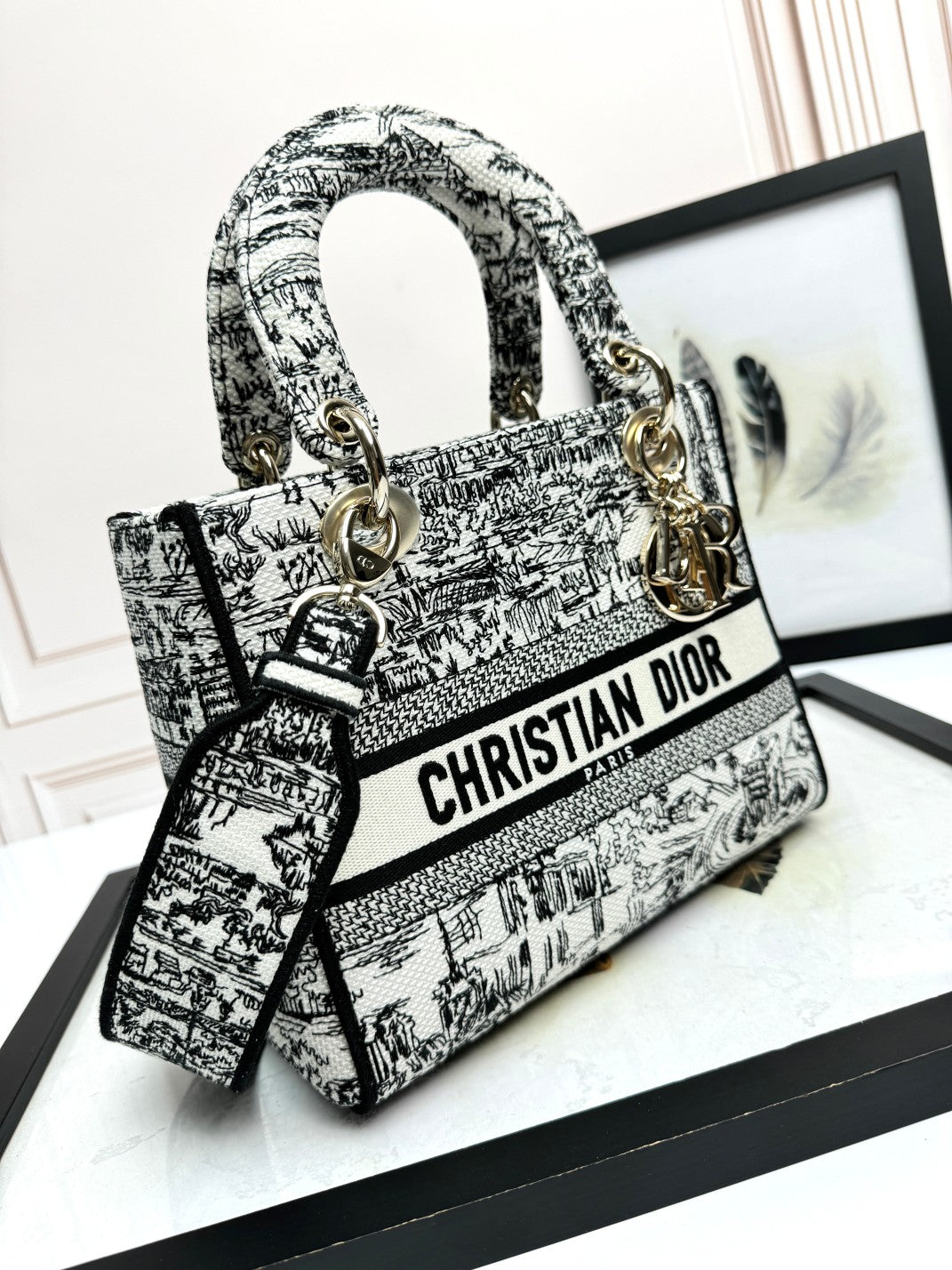 Dior Elegant Black and White Embroidered Toile Top Handle Handbag