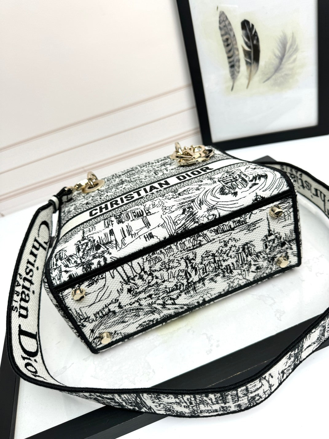 Dior Black and White Toile Print Embroidered Canvas Top Handle Handbag
