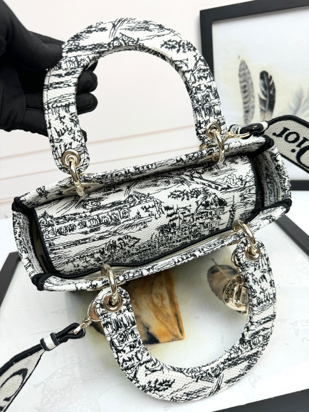 Dior Classic Black and White Toile Pattern Embroidered Top Handle Bag