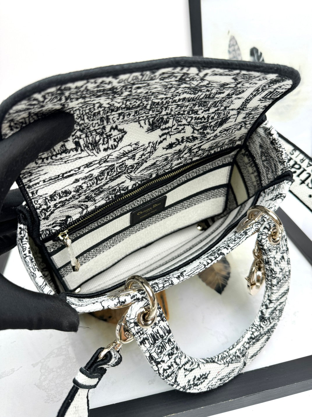 Dior Black and White Toile Print Embroidered Canvas Top Handle Handbag