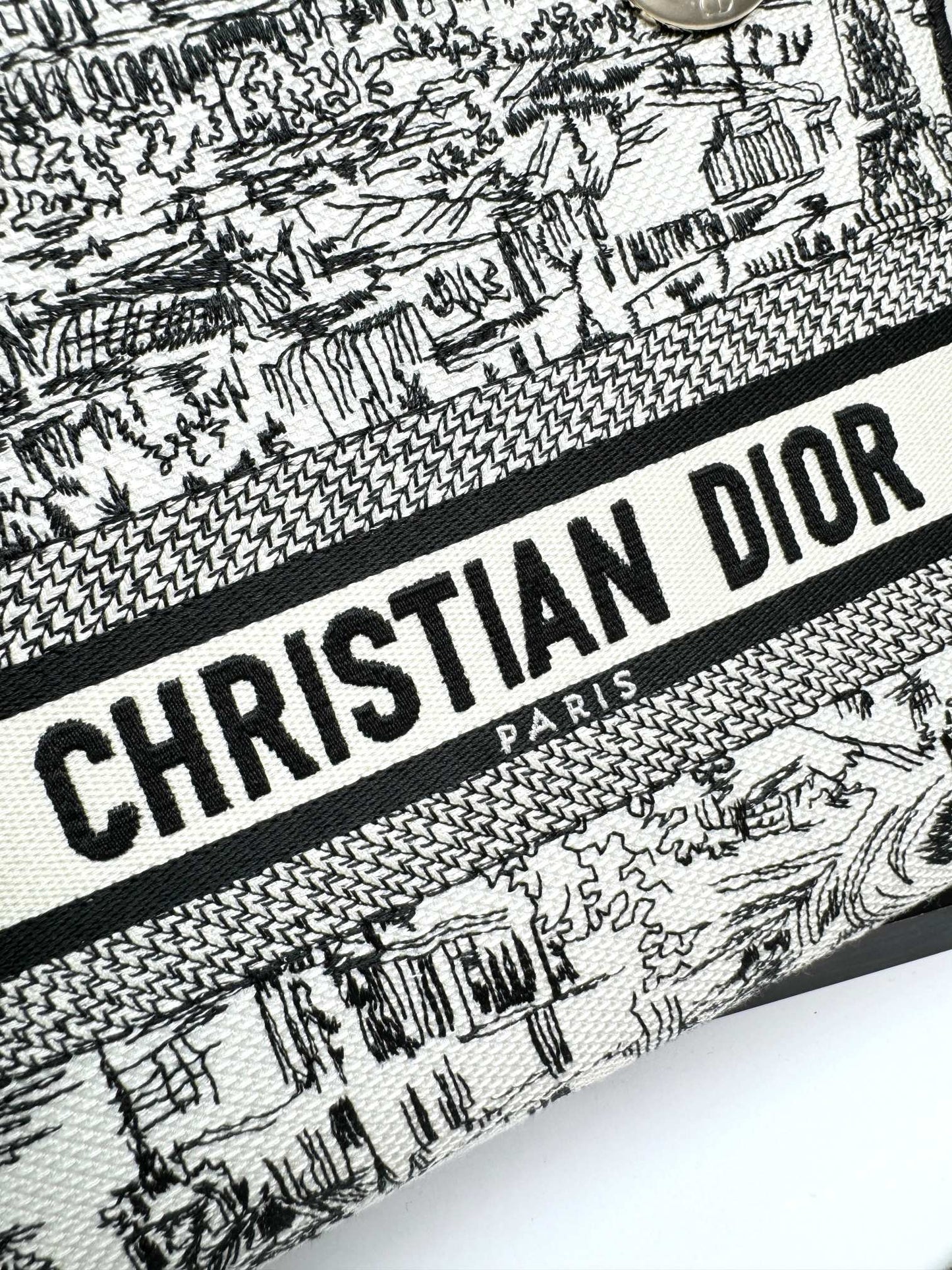 Dior Elegant Black and White Embroidered Toile Top Handle Handbag