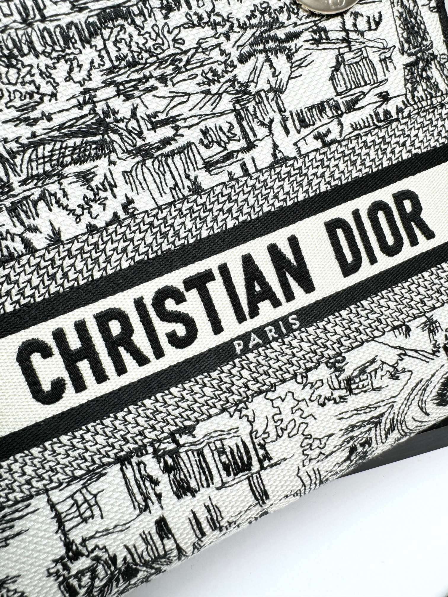 Dior Elegant Black and White Embroidered Toile Top Handle Handbag