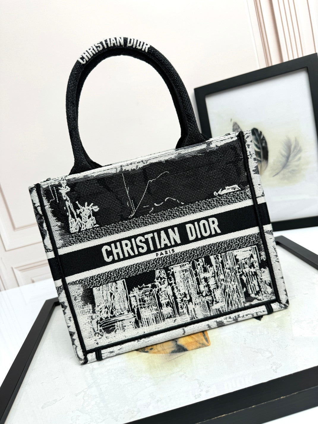 Dior Elegant Black and White City Graphic Canvas Top Handle Handbag