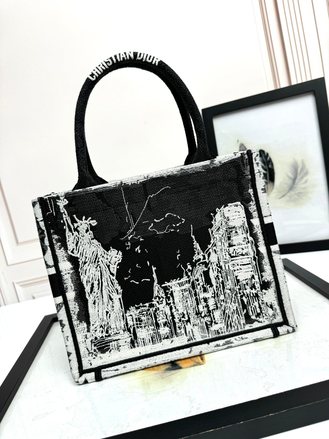 Dior Black and White Landscape Embroidered Structured Canvas Tote Handbag