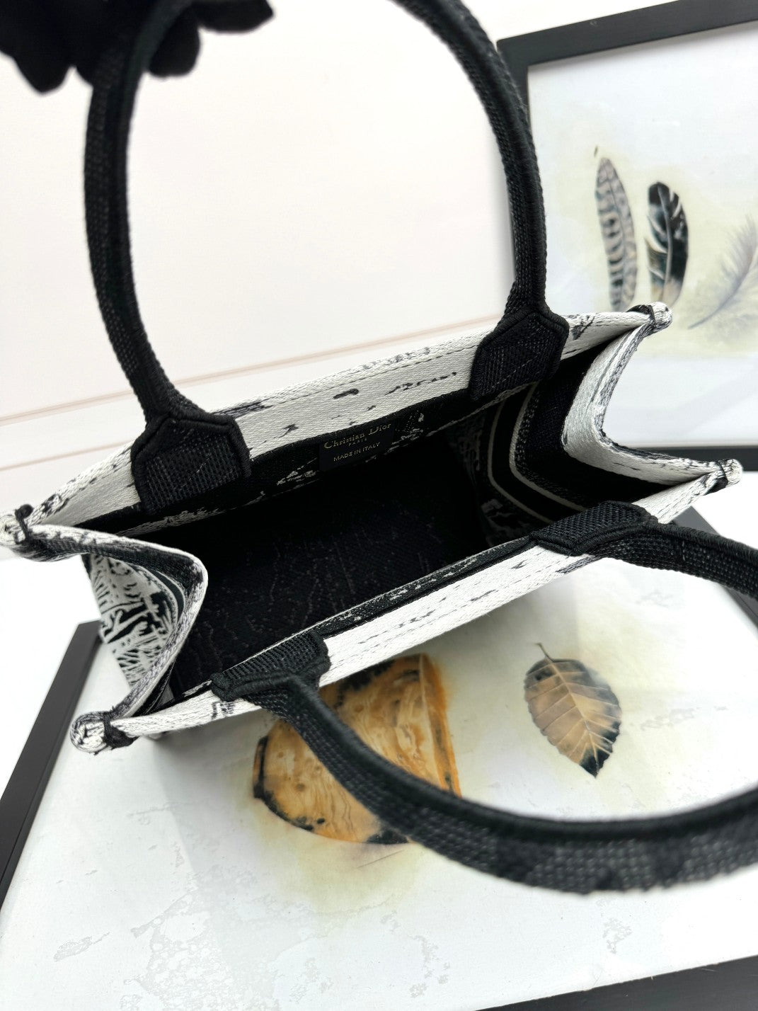 Dior Black and White Landscape Embroidered Structured Canvas Tote Handbag