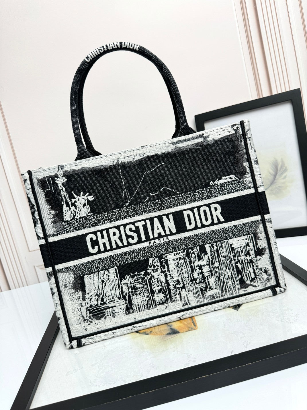 Dior Embroidered Black and White Graphic Canvas Tote Handbag