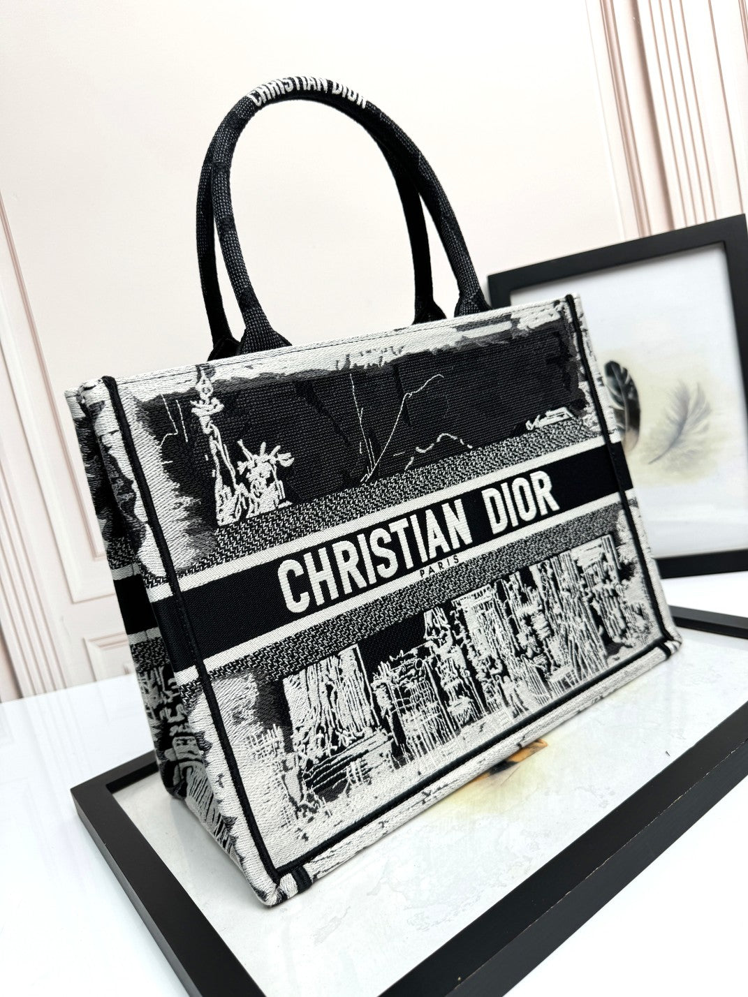 Dior Black and White Graphic Sketch Print Large Canvas Tote Handbag