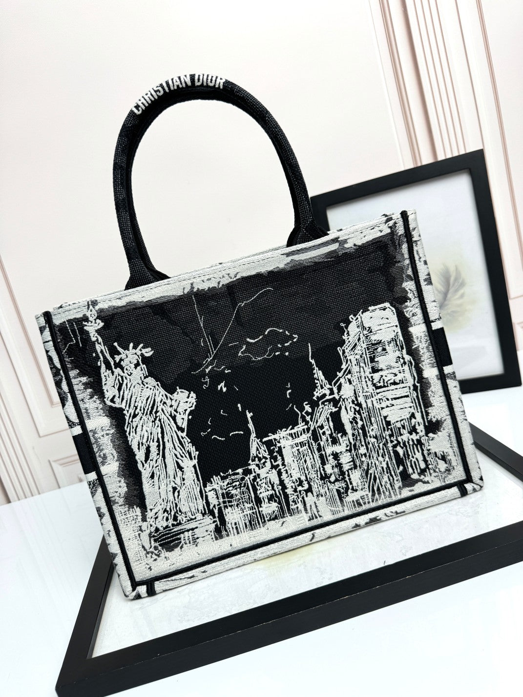 Christian Dior Medium Book Tote Bag Black and White Embroidery