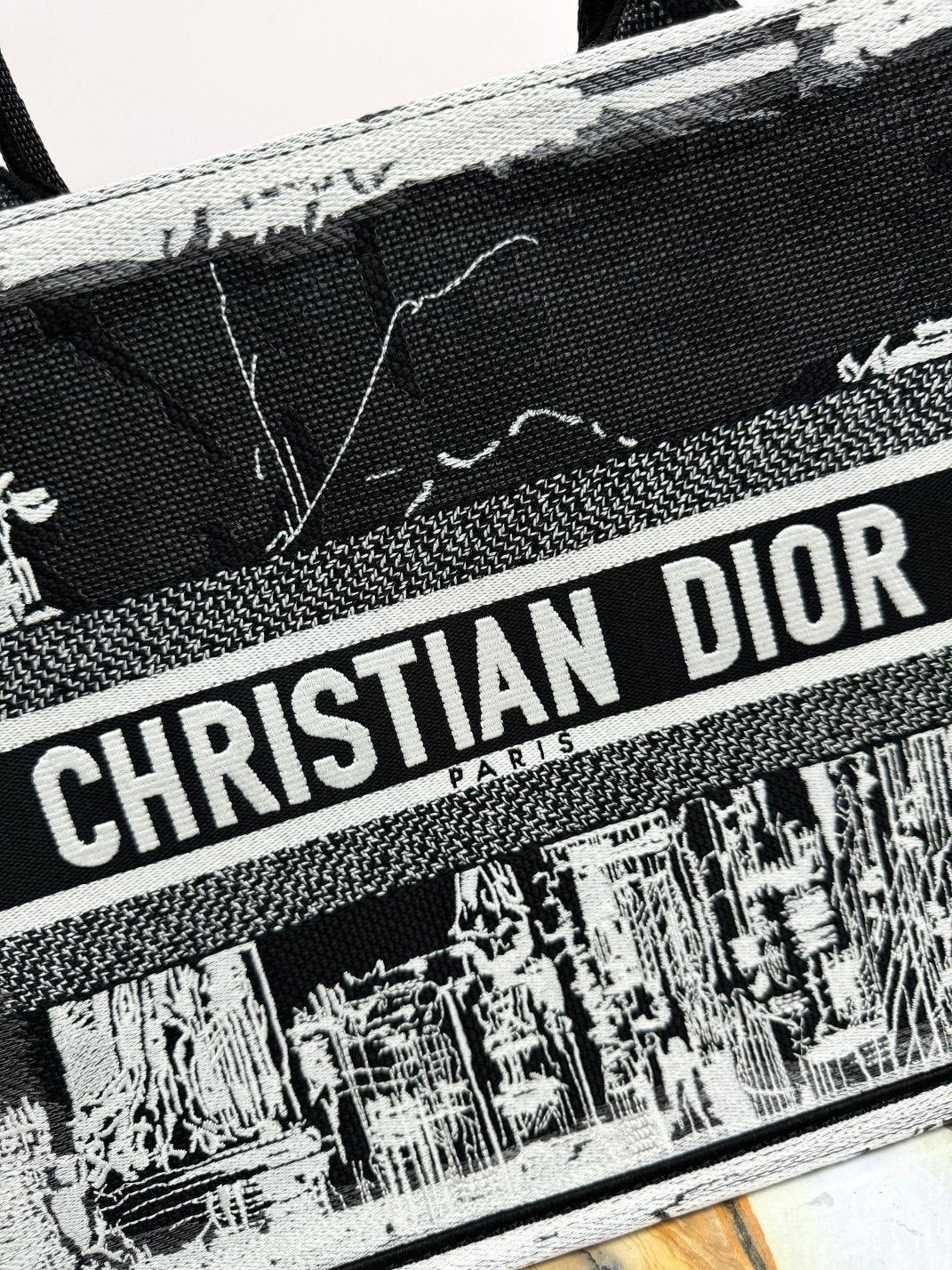 Christian Dior Medium Book Tote Bag Black and White Embroidery